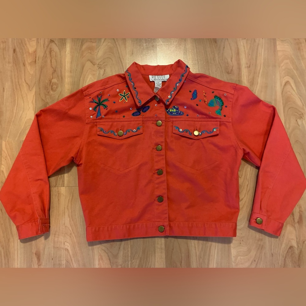 1990s Petite Sophisticate Cropped Beaded Coral Jean Jacket size Small